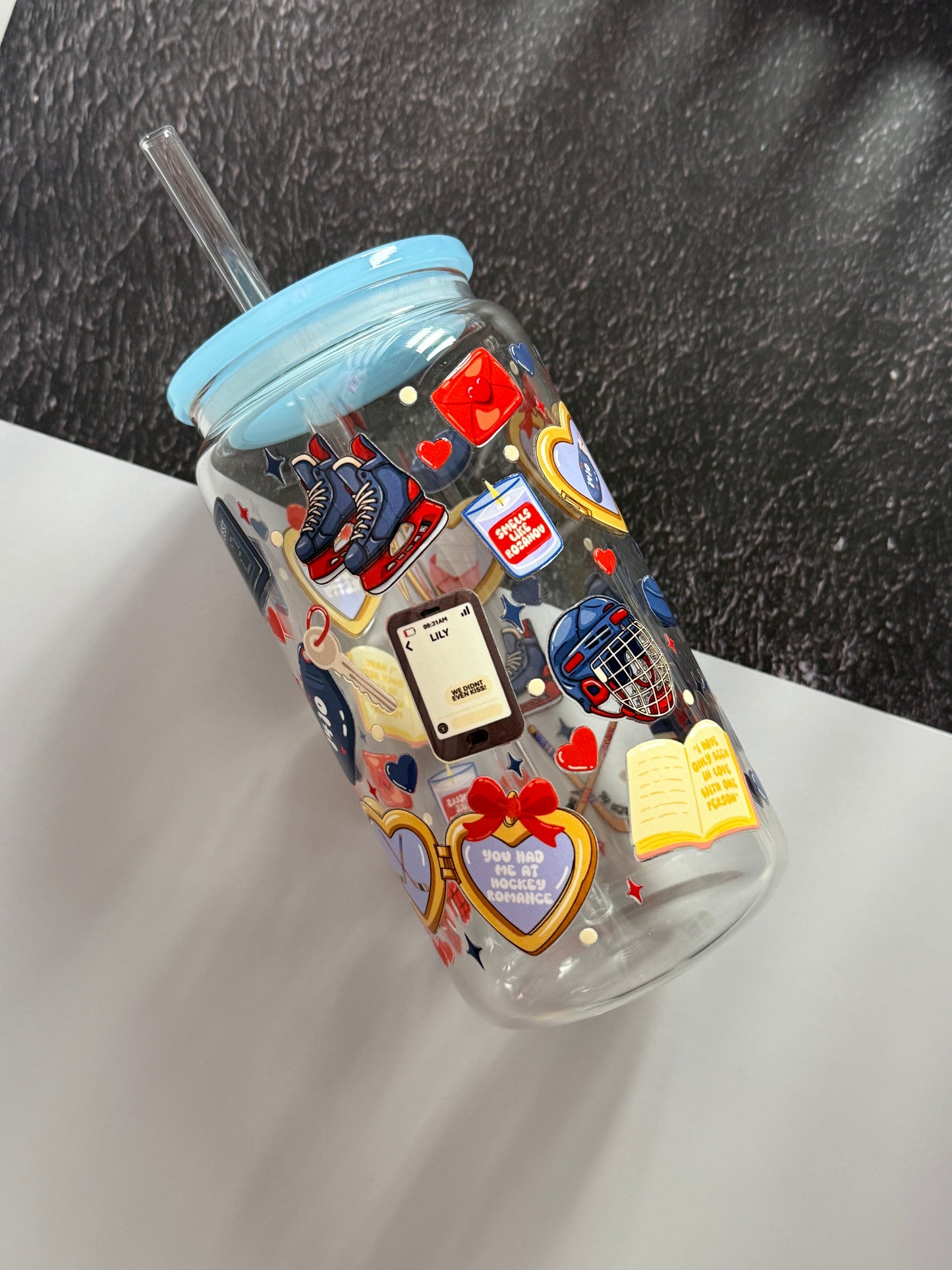 Hockey Romance Glass Cup | Hockey Love Aesthetics 16oz