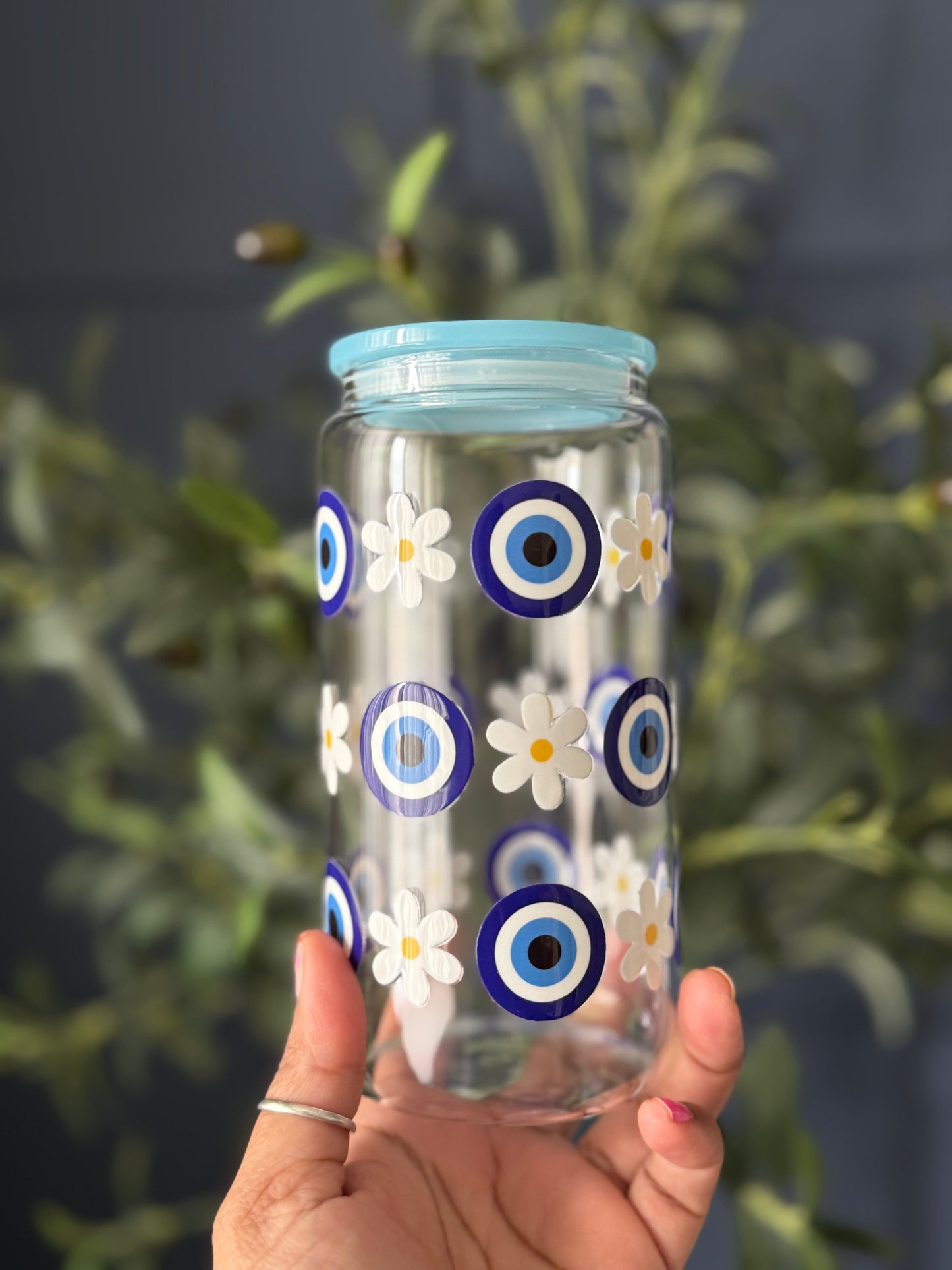 Evil eye and daisies Glass Tumbler | 16oz glass cup