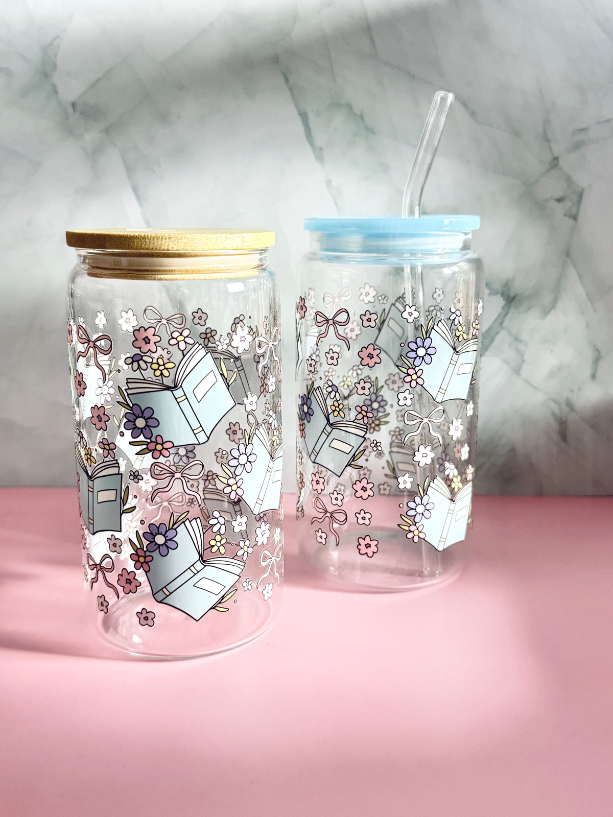 Floral bookish glass cup | 16oz glass cup
