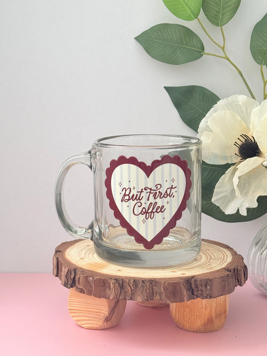 But First Coffee Glass Mug | 13oz clear mug for coffee and book lovers
