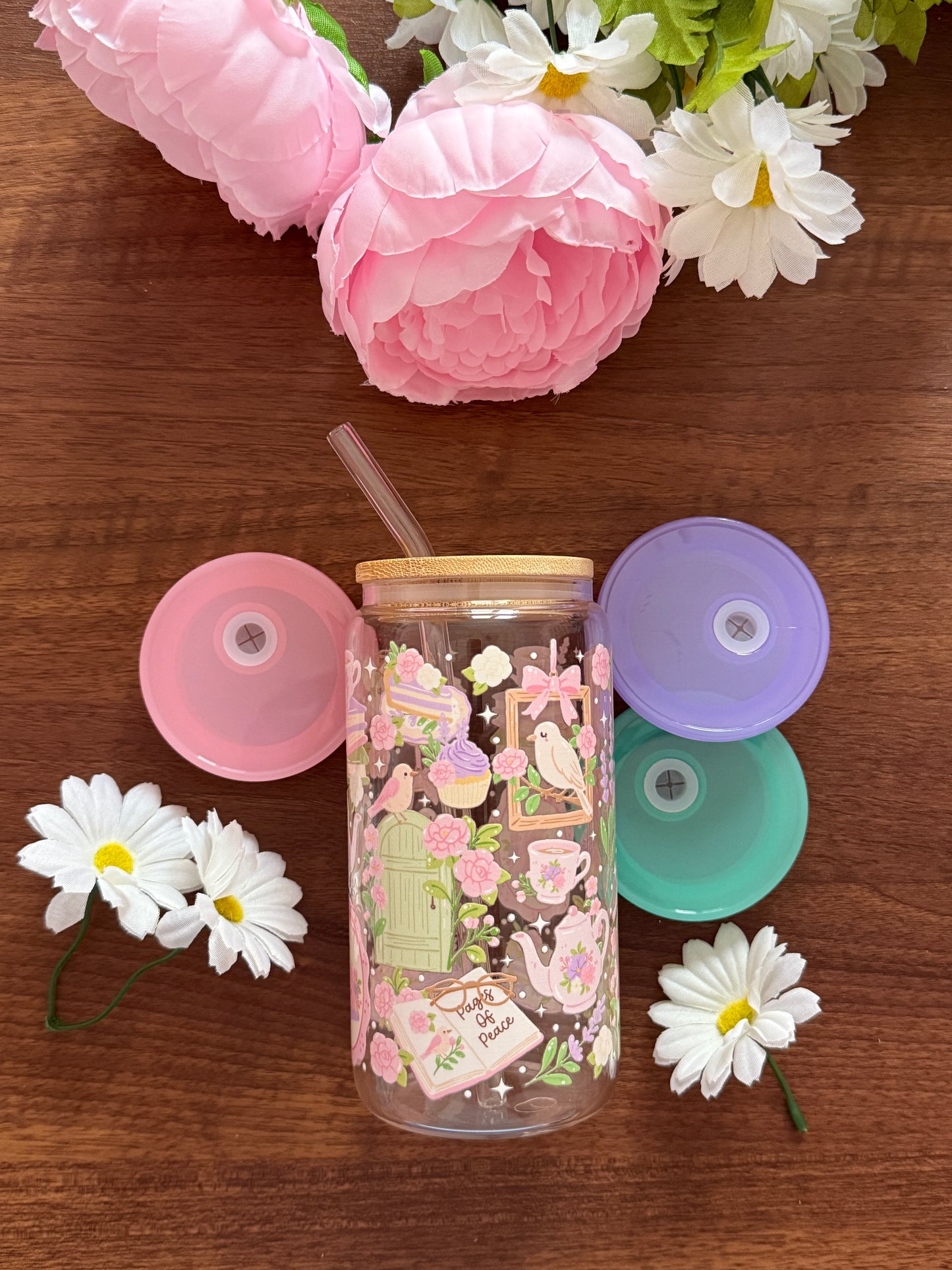 Garden Reader | Glass Cup with Plastic/ Bamboo Lid & Glass Straw