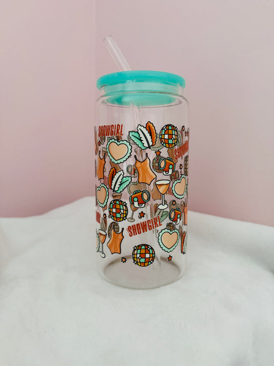 Show Girl Glass Cup - 16oz Tumbler with Plastic Lid & Glass Straw