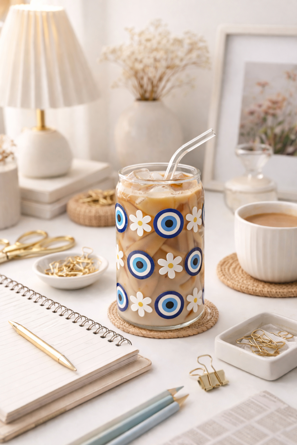 Evil eye and daisies Glass Tumbler | 16oz glass cup