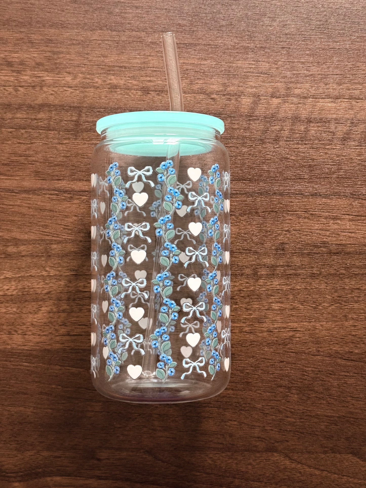 Blue Coquette Floral | Glass Cup with Plastic/ Bamboo Lid & Glass Straw