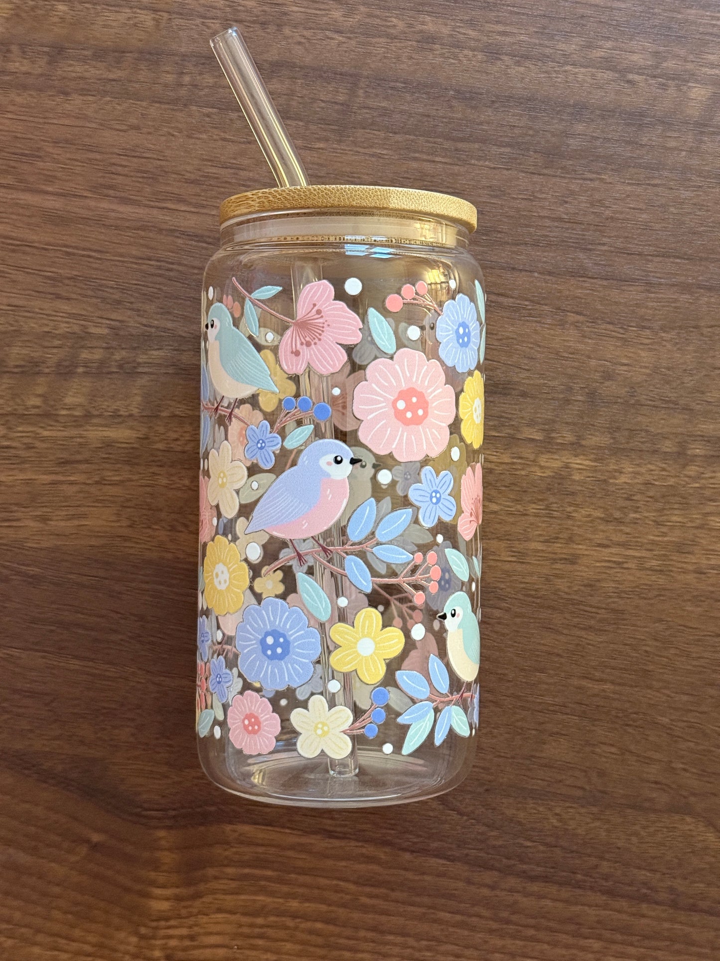 Paradise Cup | Glass Cup with Plastic/ Bamboo Lid & Glass Straw