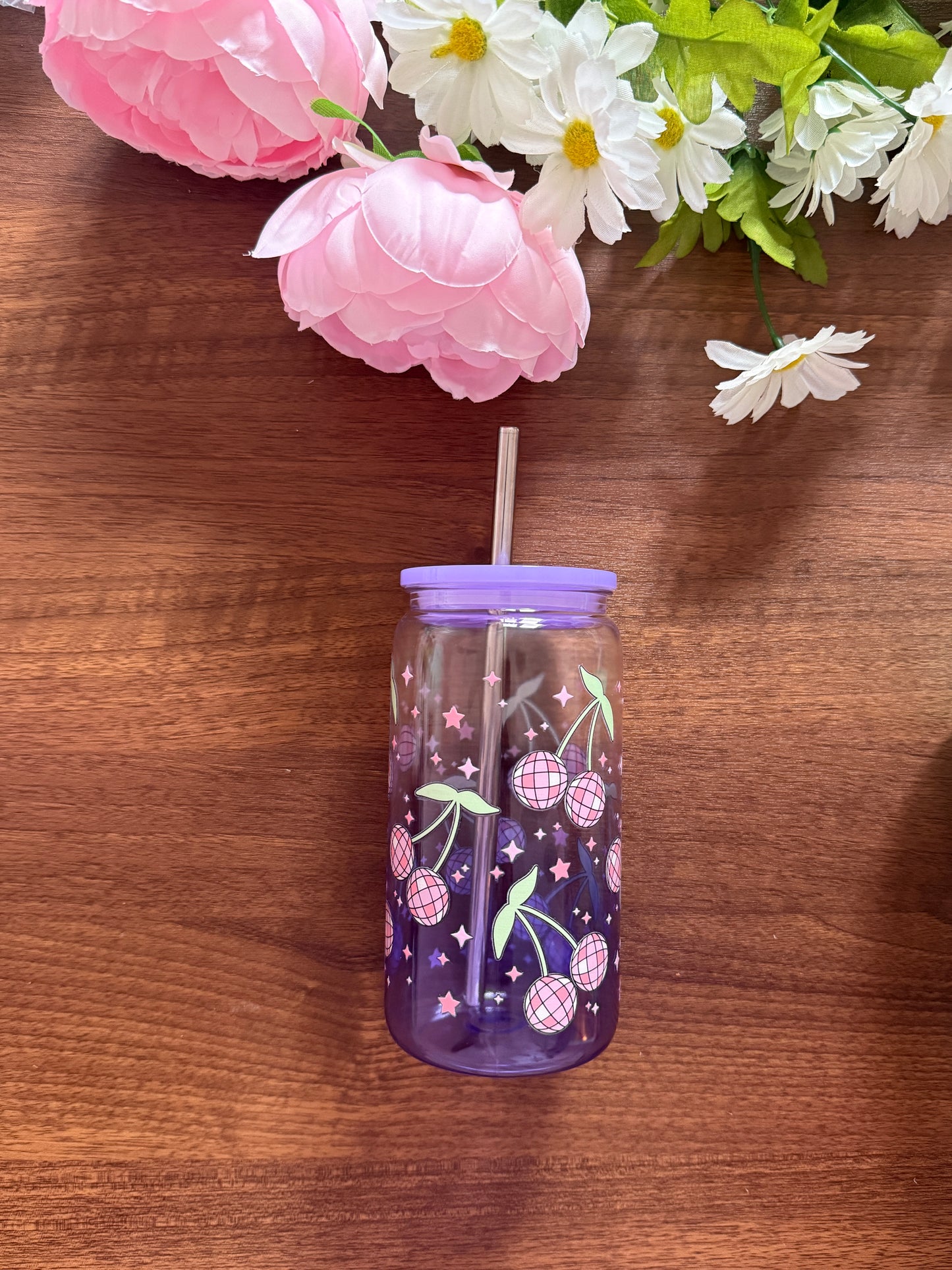 Disco Cherry Cup | Plastic Cup with Plastic Lid & Stainless Steel & Plastic Straw