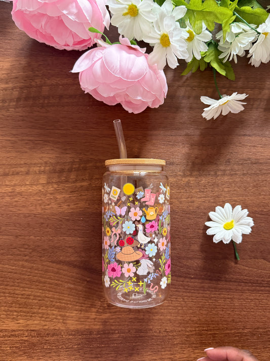 Spring Cottage Girl |  Glass Cup with Plastic/ Bamboo Lid & Glass Straw