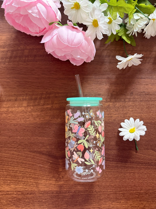Spring Field |  Glass Cup with Plastic/ Bamboo Lid & Glass Straw