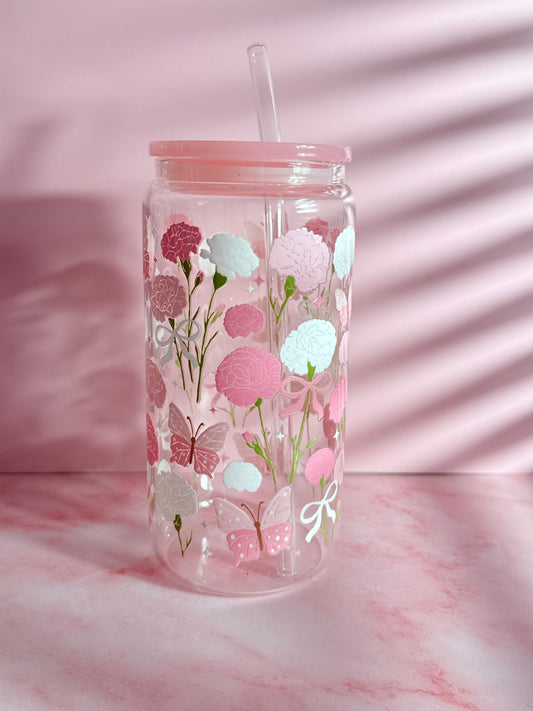 Pink Carnation Glass Cup | 16oz Tumbler with Plastic Lid & Glass Straw