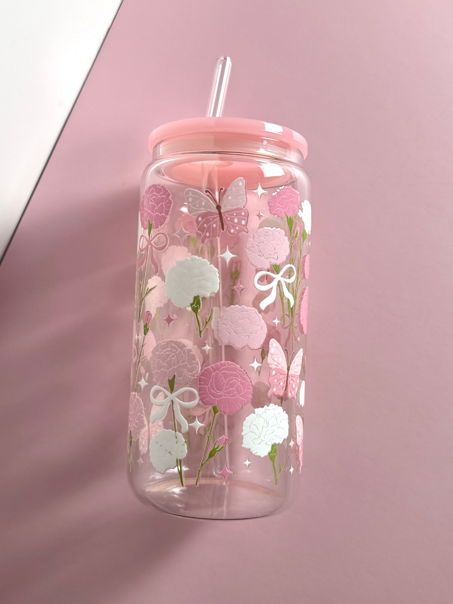 Pink Carnation Glass Cup | 16oz Tumbler with Plastic Lid & Glass Straw