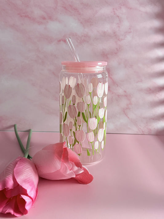 Tulip Field Glass Cup | 16oz Tumbler with Plastic Lid & Glass Straw