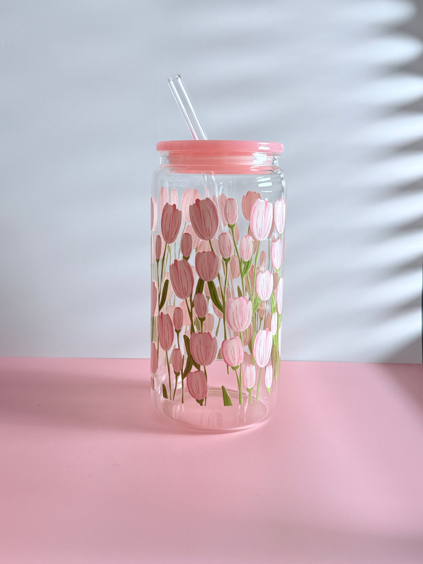 Tulip Field Glass Cup | 16oz Tumbler with Plastic Lid & Glass Straw