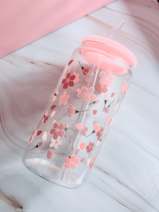 Sakura Glass Cup | 16oz Tumbler with Plastic Lid & Glass Straw