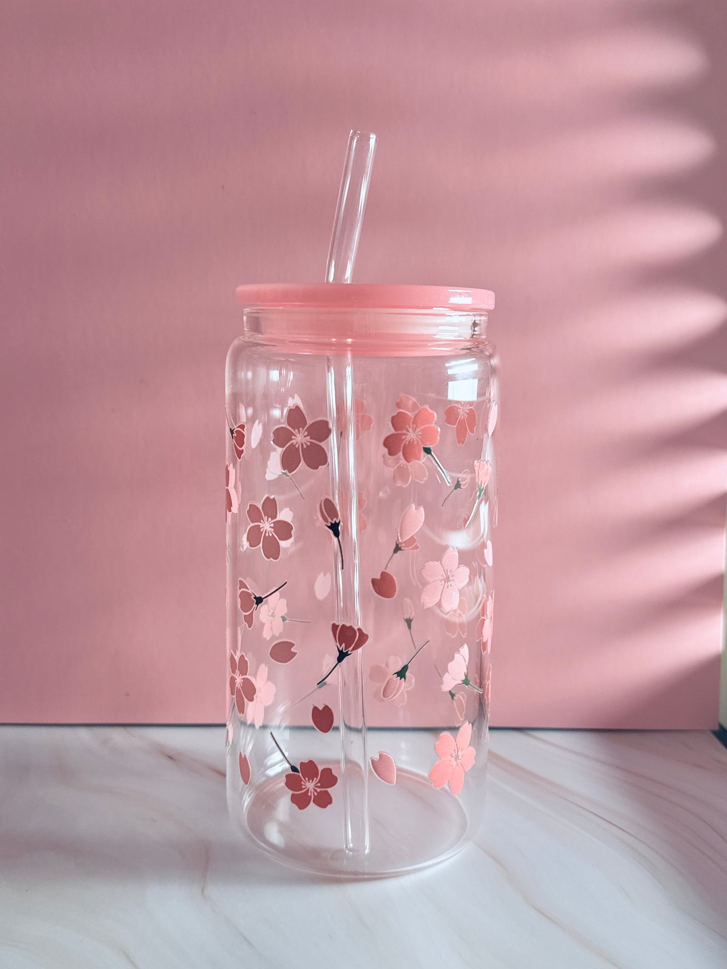 Sakura Glass Cup | 16oz Tumbler with Plastic Lid & Glass Straw
