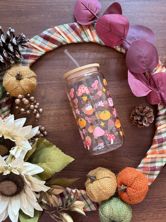Fall Girl Glass Cup - 16oz Tumbler with Bamboo Lid & Glass Straw