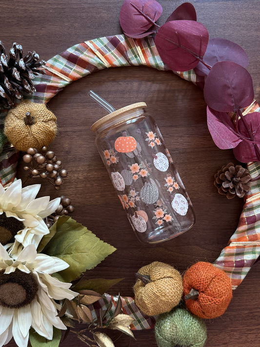Pumpkin Patch Glass Cup - 16oz Tumbler with Bamboo Lid & Glass Straw