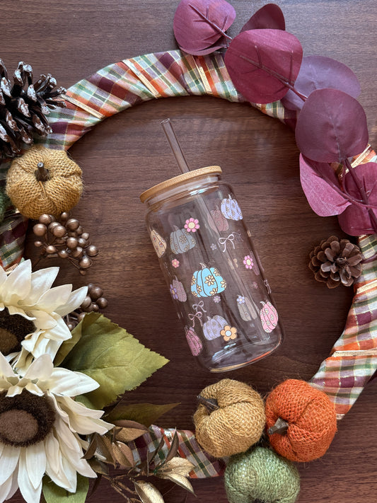 Coquette Pumpkin | Glass Cup with Plastic/Bamboo Lid & Glass Straw