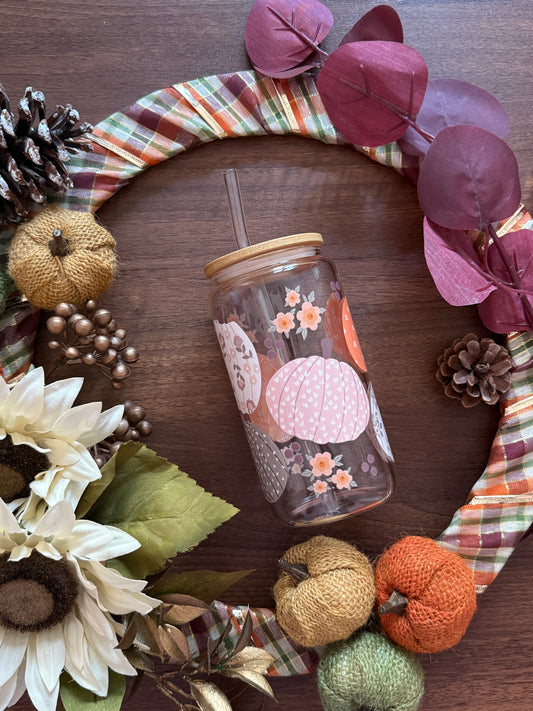 Large Pumpkin Glass Cup - 16oz Tumbler with Bamboo Lid & Glass Straw