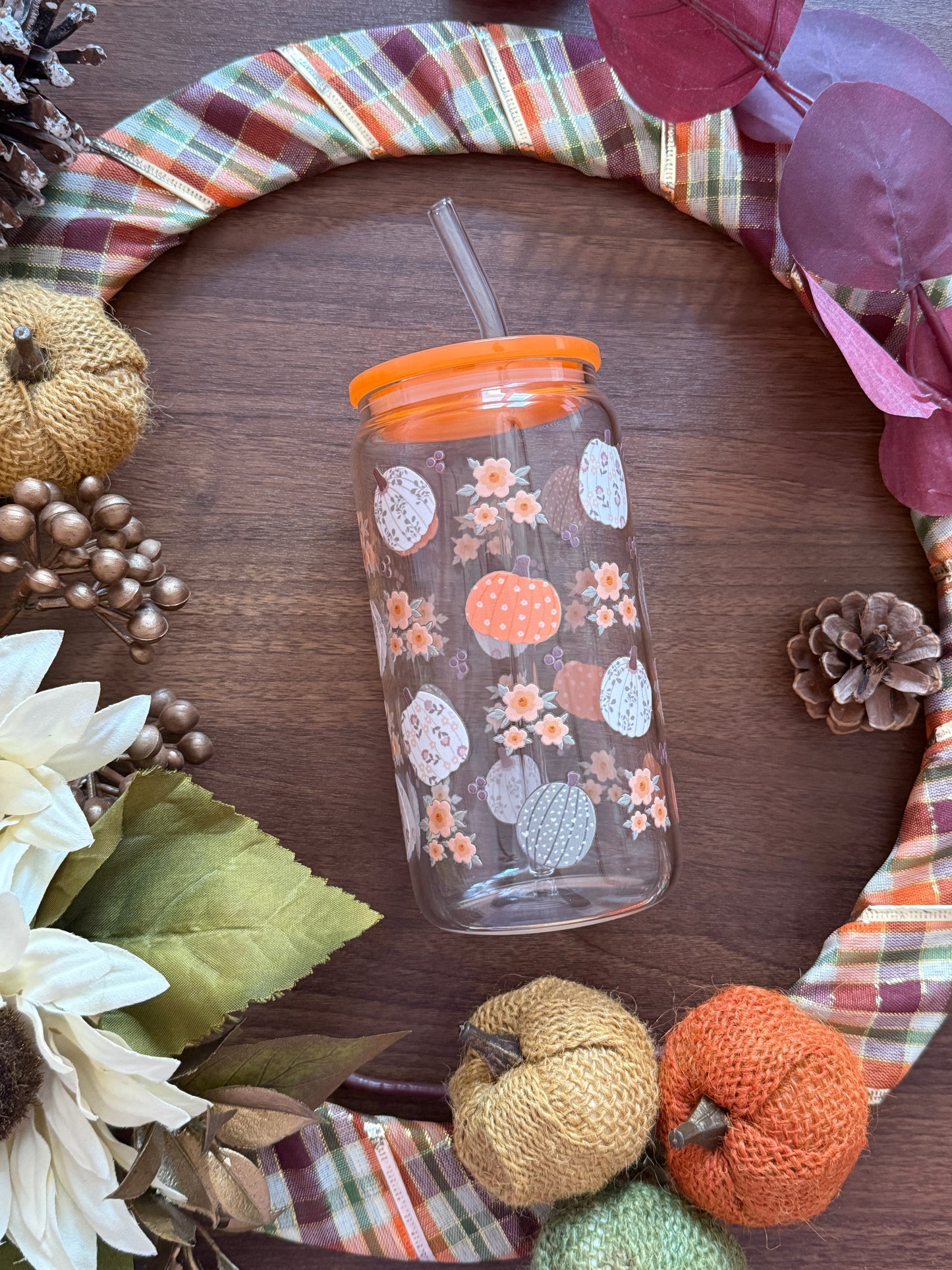 Pumpkin Patch Glass Cup - 16oz Tumbler with Bamboo Lid & Glass Straw