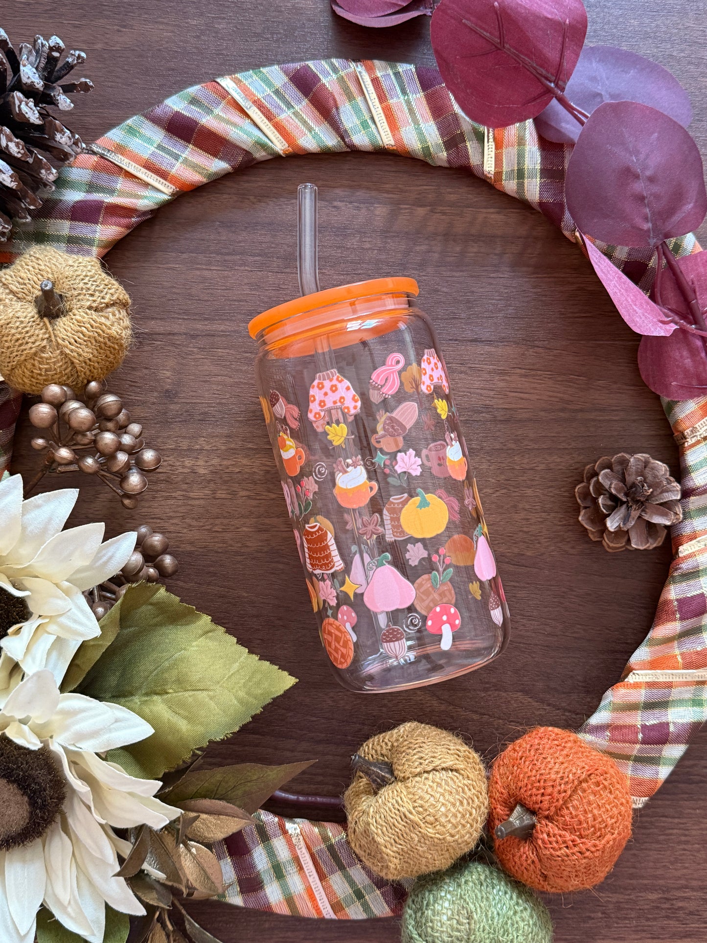 Fall Girl Glass Cup - 16oz Tumbler with Bamboo Lid & Glass Straw