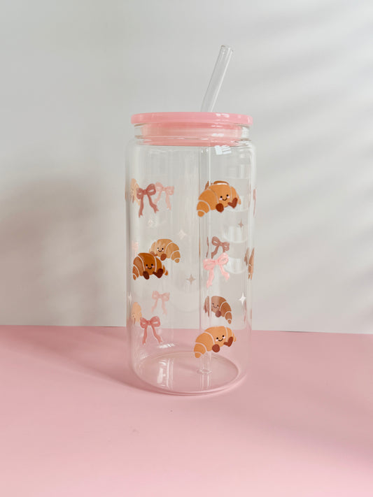 Pretty Little Croissants Glass Cup | 16oz Glass Cup with Lid and Straw