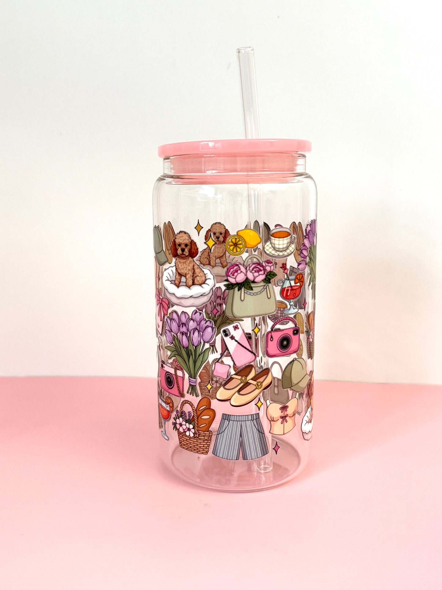 Soft Girl Era Glass Cup | 16oz Glass Cup with Lid and Straw