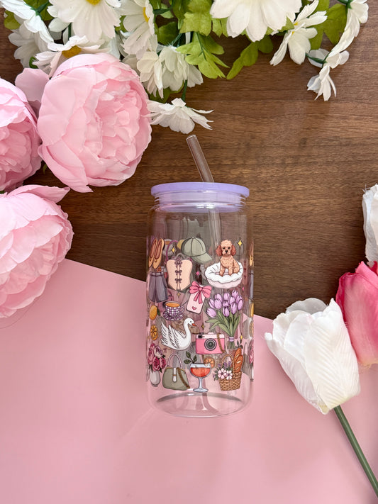 Soft Girl Era Glass Cup | 16oz Glass Cup with Lid and Straw