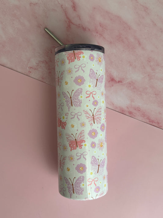 Fluttercup Tumbler- 20oz stainless Steel Floral Insulated Cup with Lid & Straw