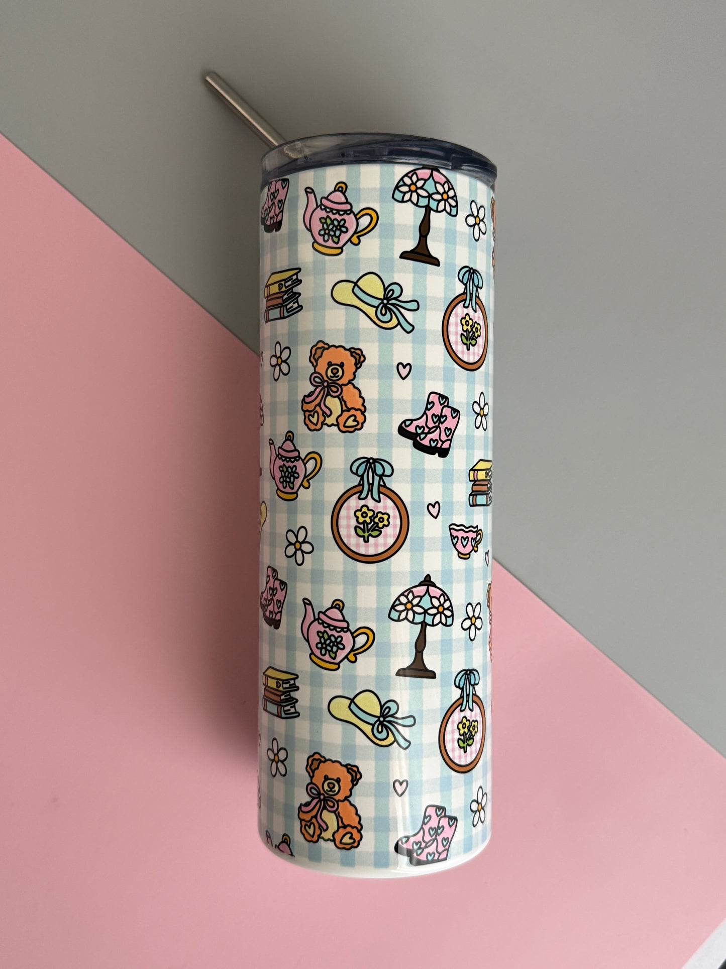 Storybook Cottage Tumbler- 20oz stainless Steel Floral Insulated Cup with Lid & Straw