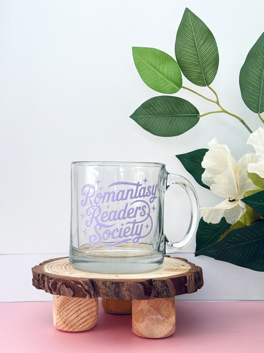 Romantasy Reader's Society Glass Mug | 130z clear mug for coffee and book lovers