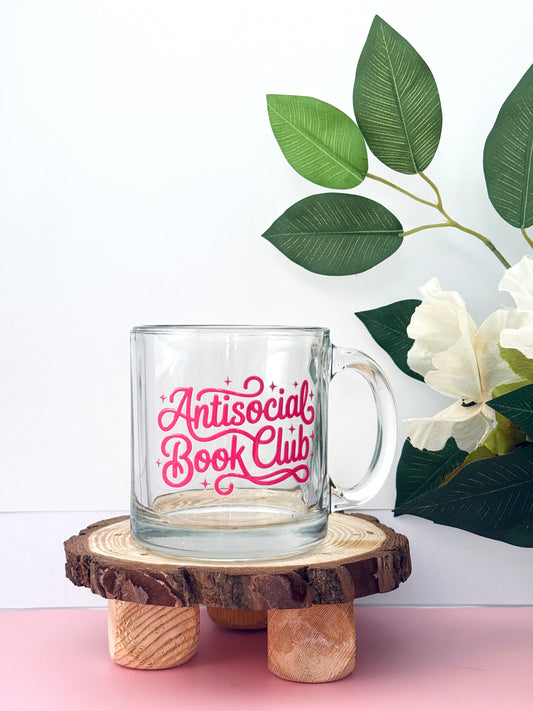 Antisocial Book Club Glass Mug | 130z clear mug for coffee and book lovers