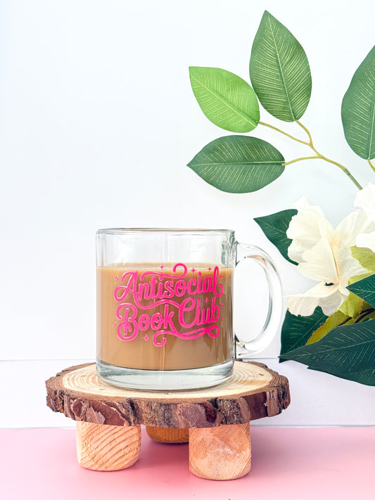 Antisocial Book Club Glass Mug | 130z clear mug for coffee and book lovers
