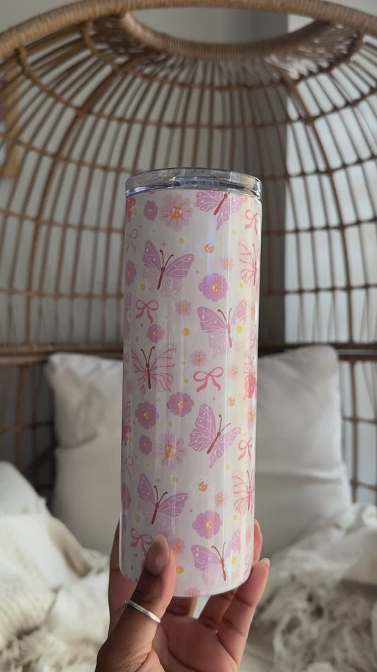 Fluttercup Tumbler- 20oz stainless Steel Floral Insulated Cup with Lid & Straw