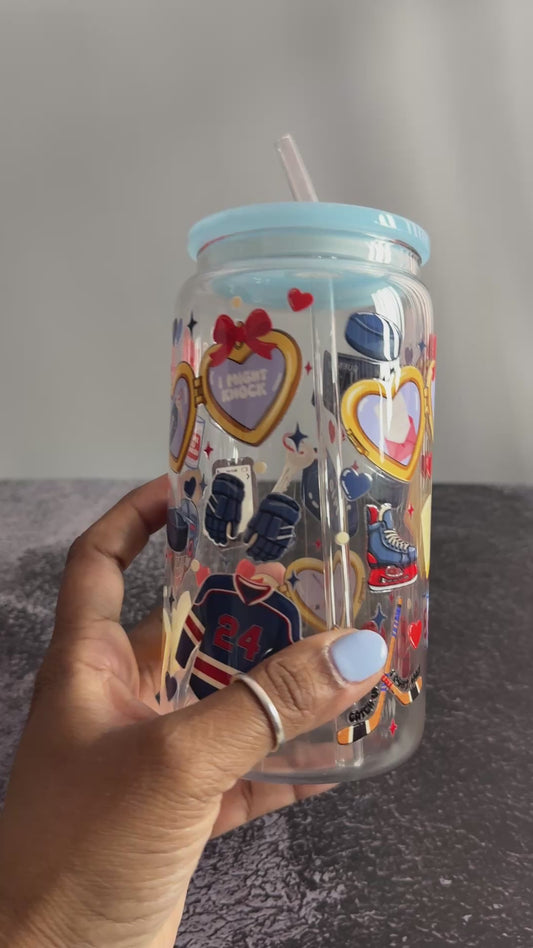 Hockey Romance Glass Cup | Hockey Love Aesthetics 16oz