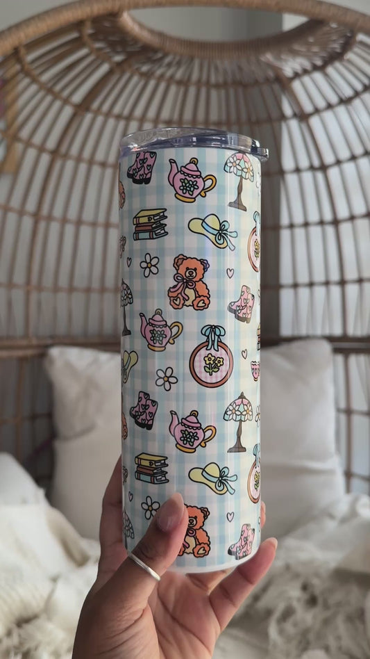 Storybook Cottage Tumbler- 20oz stainless Steel Floral Insulated Cup with Lid & Straw