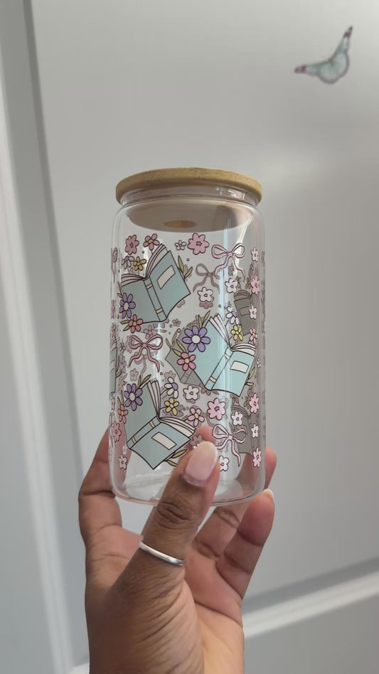 Floral bookish glass cup | 16oz glass cup